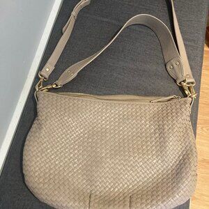 Quince Italian Leather Convertible Crescent Handwoven Shoulder Bag- Large, Taupe